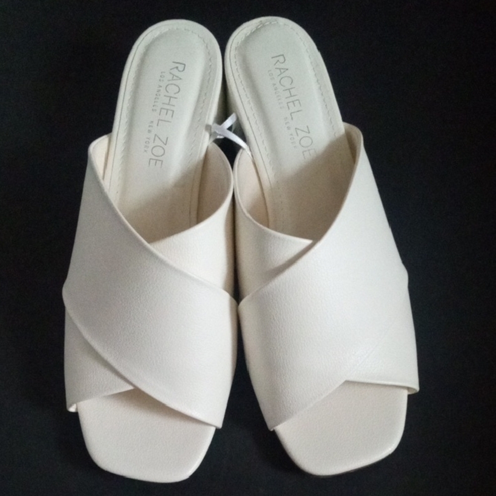 Rachel Zoe Cream White Cross Strap Block Heel Mules 8.5M - Picture 2 of 10